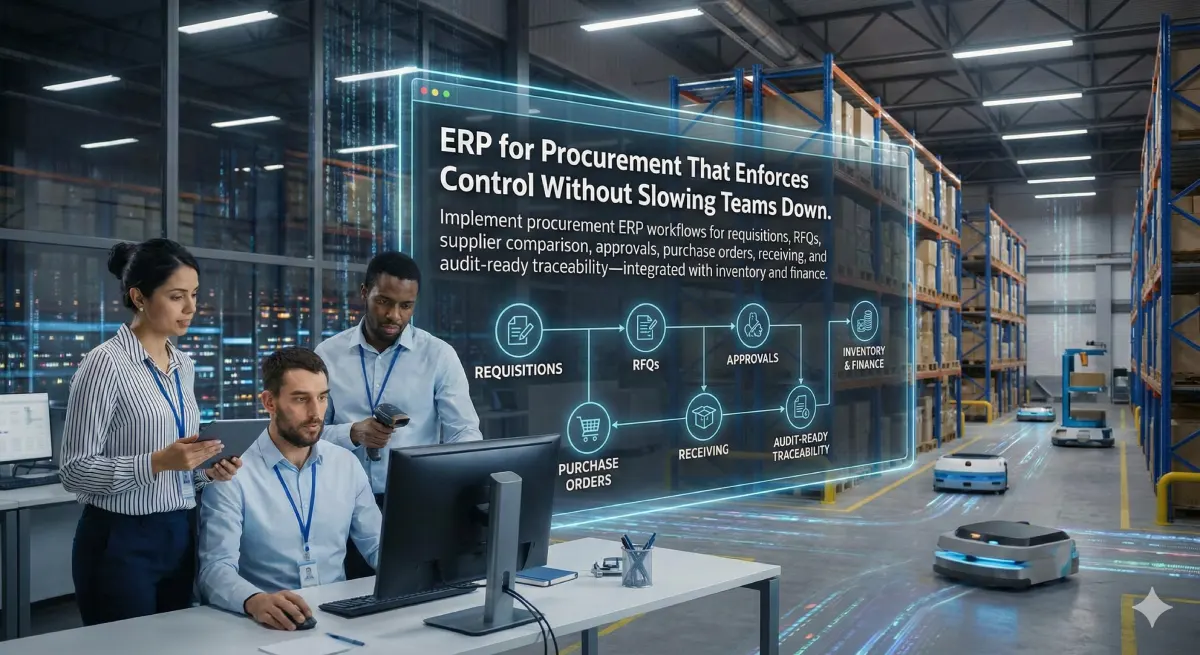 Procurement ERP dashboard showing requisitions, approvals, RFQs, supplier quotes and purchase orders