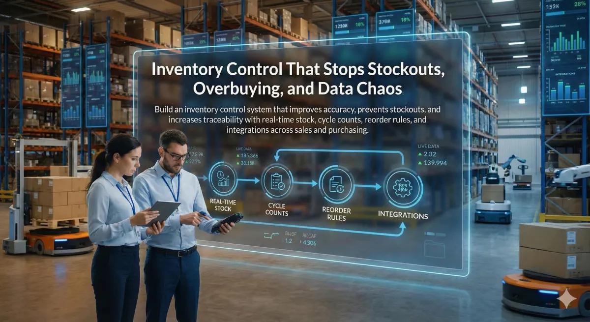 Inventory control dashboard showing stock availability, movements, reorder alerts and traceability