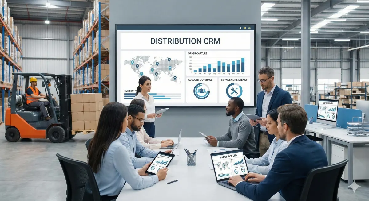Distribution CRM dashboard showing territories, key accounts, visit cadence and order context