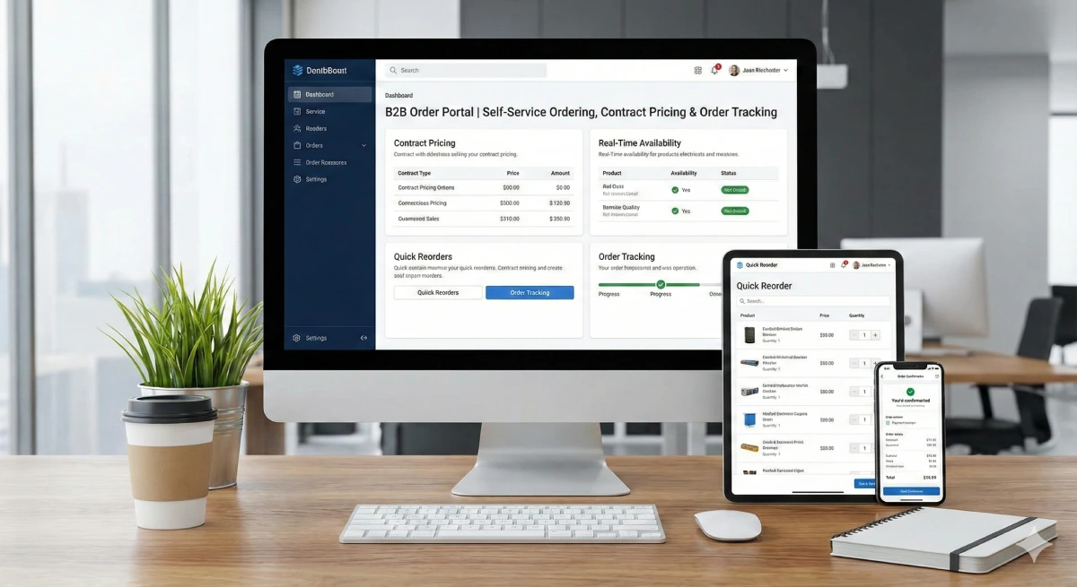 B2B order portal interface showing customer catalog, contract pricing, quick reorder and order tracking