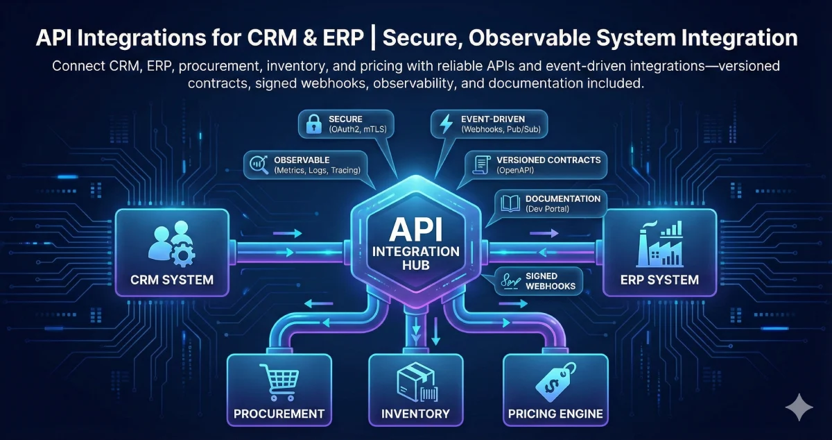 API integrations connecting CRM, ERP, procurement, and inventory with governance and observability